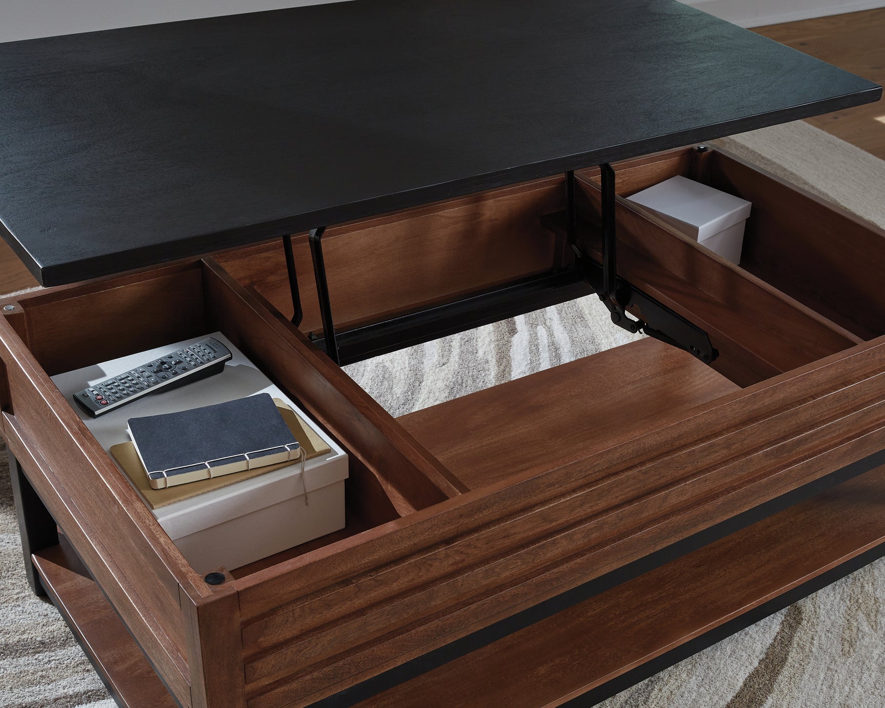 Kallari Warm Brown/Black Lift-Top Coffee Table