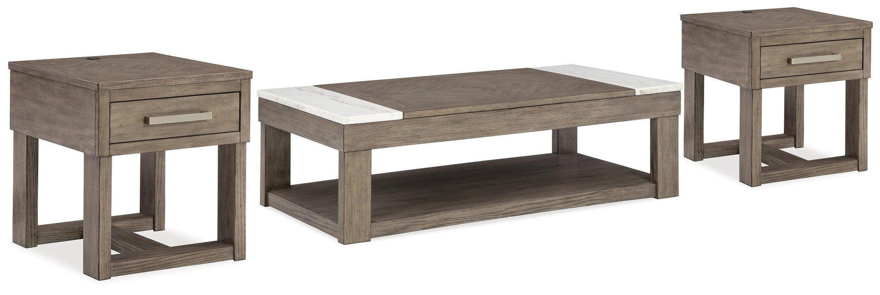 Loyaska Grayish Brown/White Coffee Table with 2 End Tables