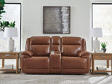 Healy Pier Chocolate Leather Power Reclining Loveseat with Console