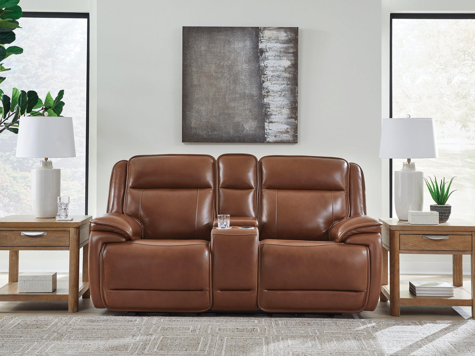 Healy Pier Chocolate Leather Power Reclining Loveseat with Console