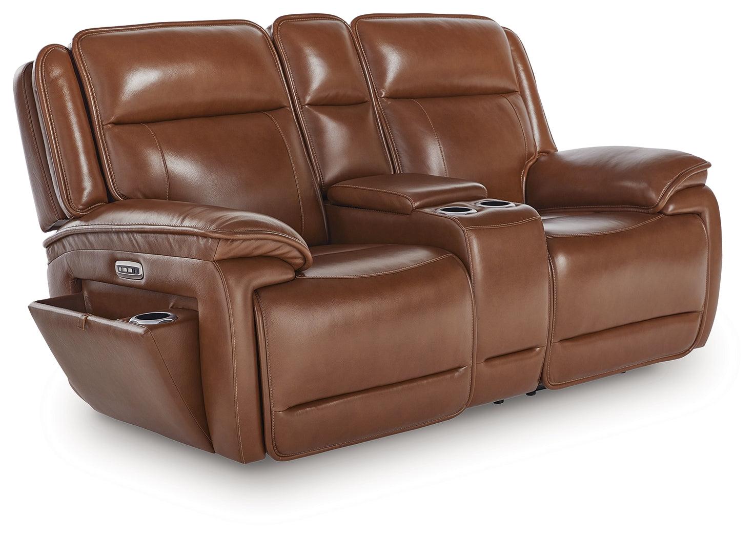 Healy Pier Chocolate Leather Power Reclining Loveseat with Console