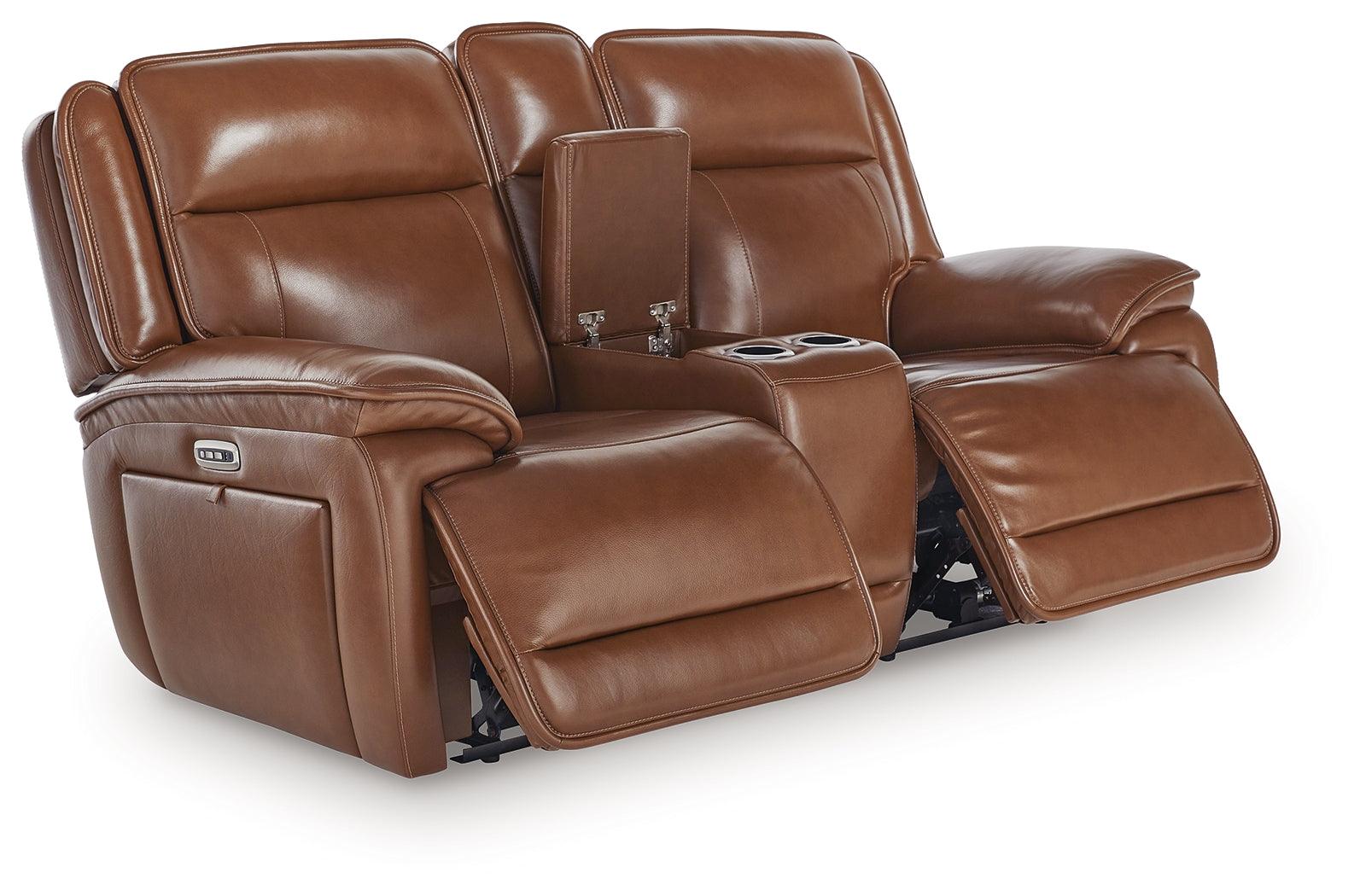 Healy Pier Chocolate Leather Power Reclining Loveseat with Console