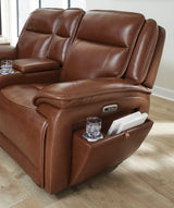 Healy Pier Chocolate Leather Power Reclining Loveseat with Console
