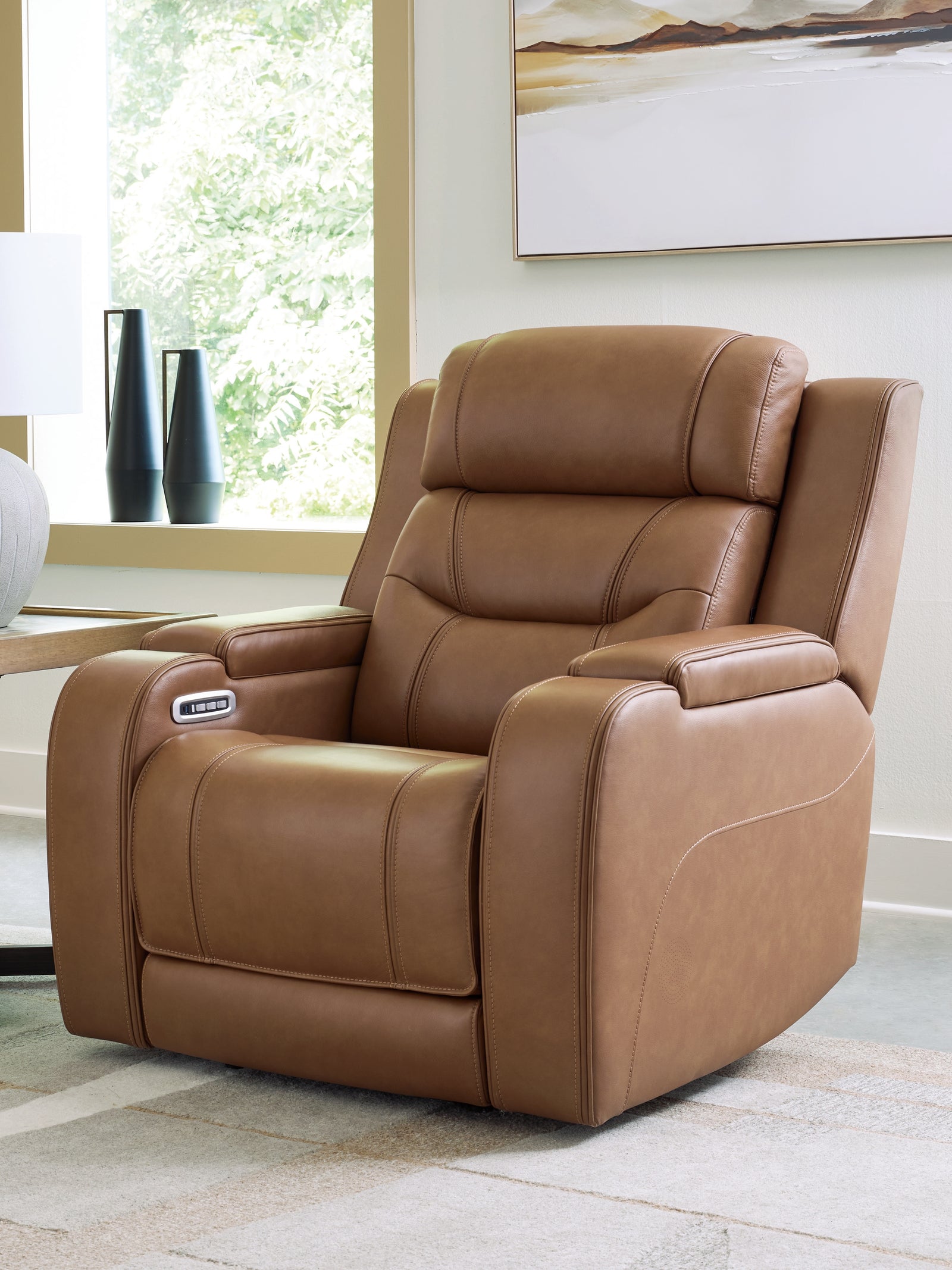 Knightington Caramel Leather Power Recliner with Audio Seating