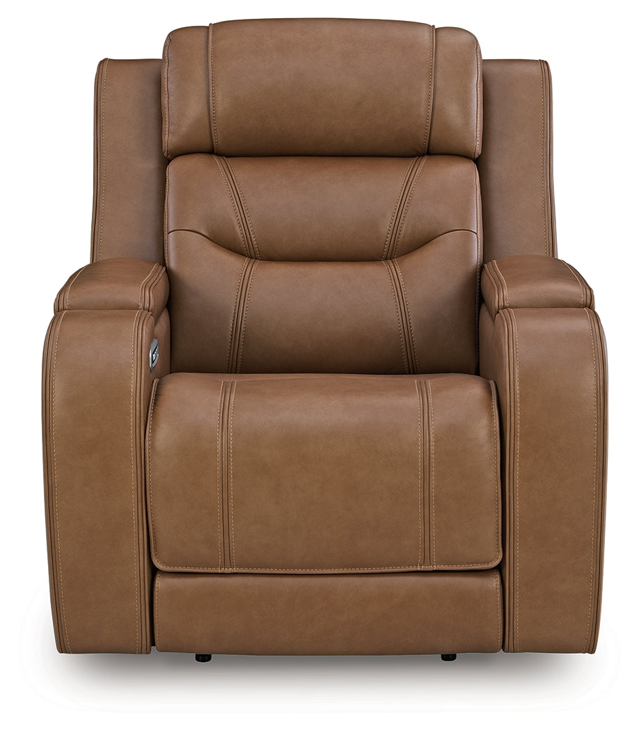 Knightington Caramel Leather Power Recliner with Audio Seating