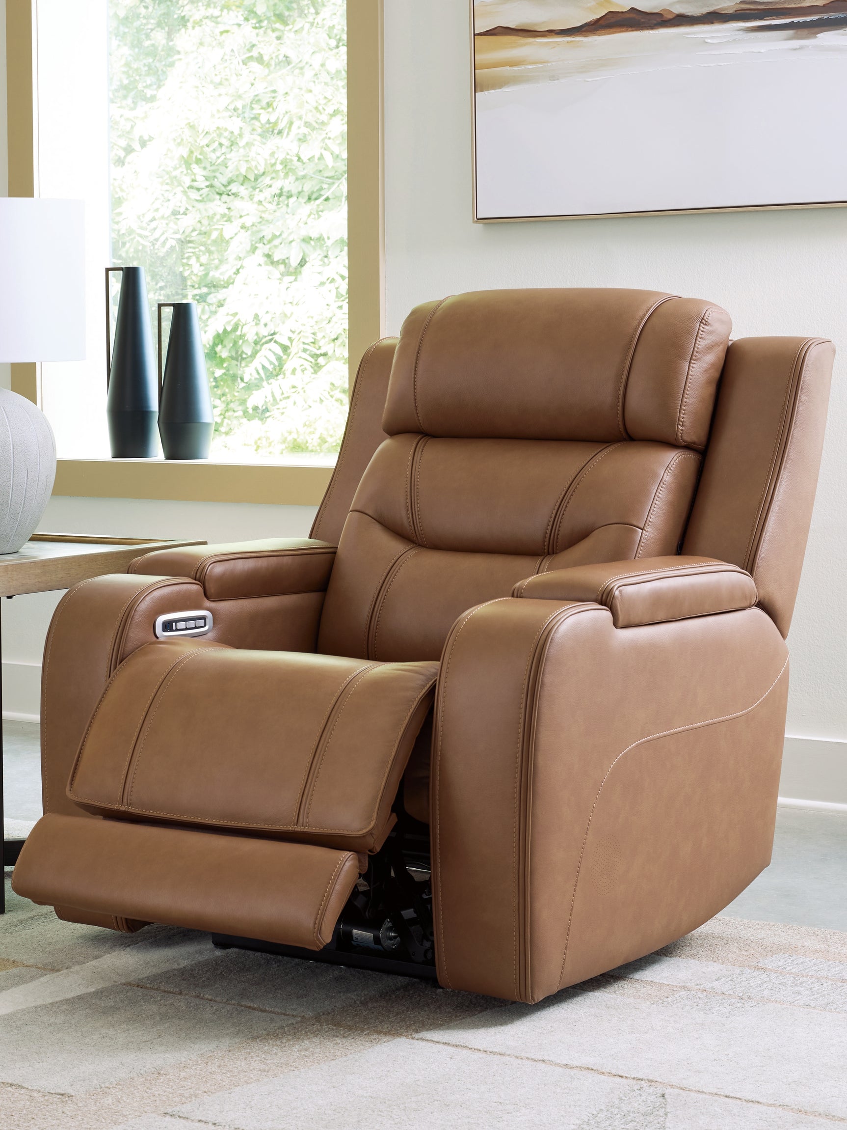Knightington Caramel Leather Power Recliner with Audio Seating