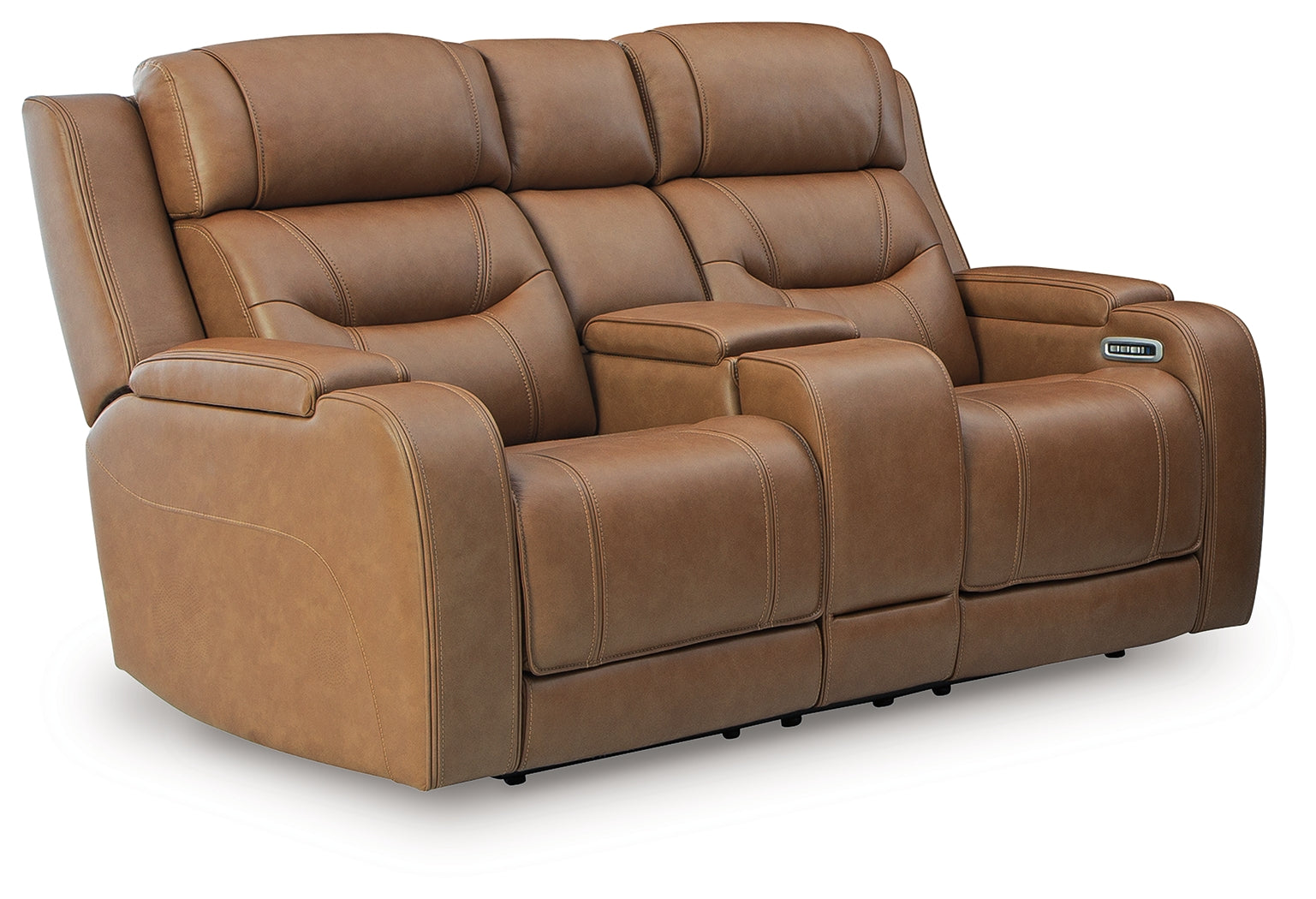 Knightington Caramel Leather Power Reclining Loveseat with Audio Seating