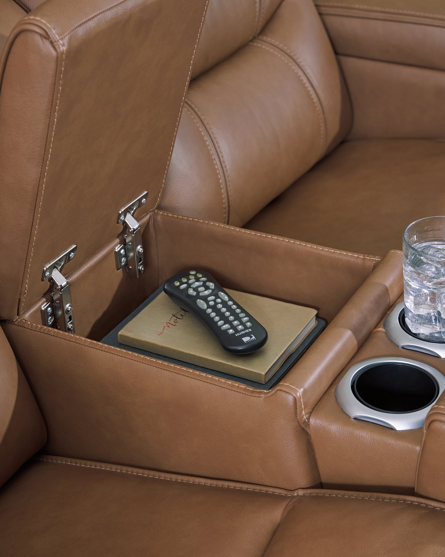 Knightington Caramel Leather Power Reclining Loveseat with Audio Seating