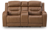 Knightington Caramel Leather Power Reclining Loveseat with Audio Seating
