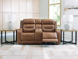 Knightington Caramel Leather Power Reclining Loveseat with Audio Seating