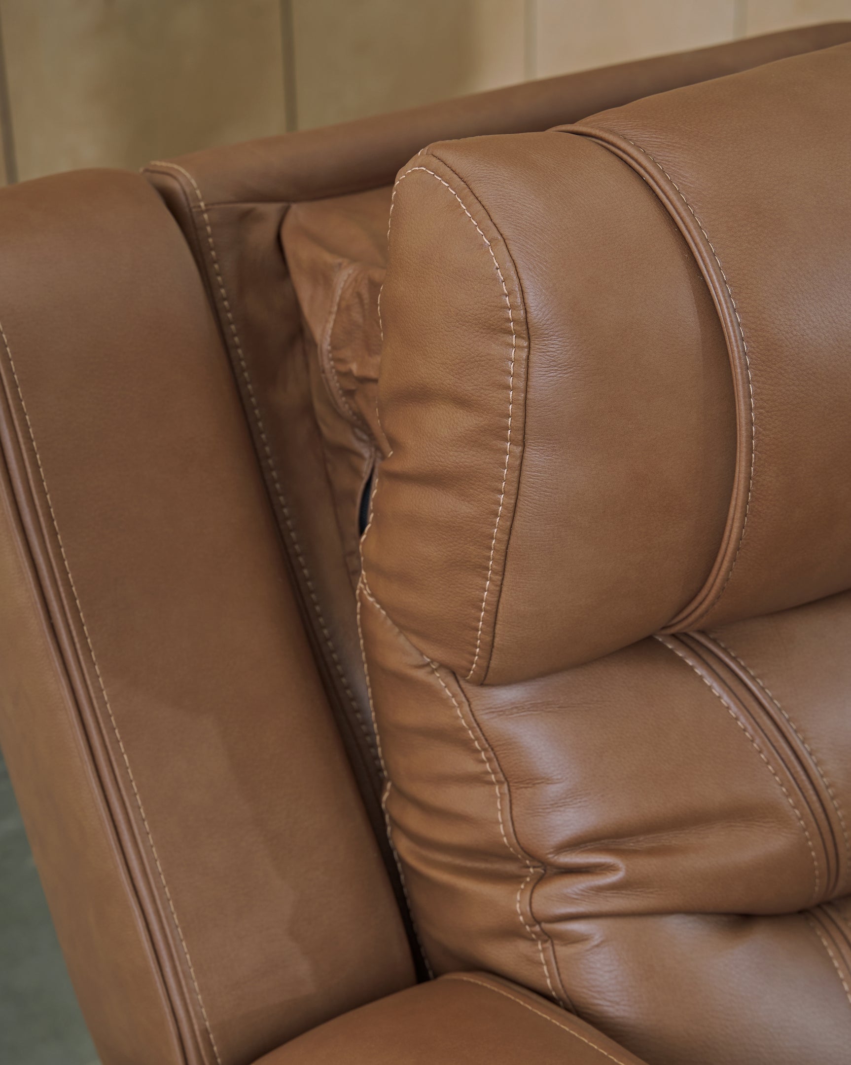Knightington Caramel Leather Power Reclining Loveseat with Audio Seating