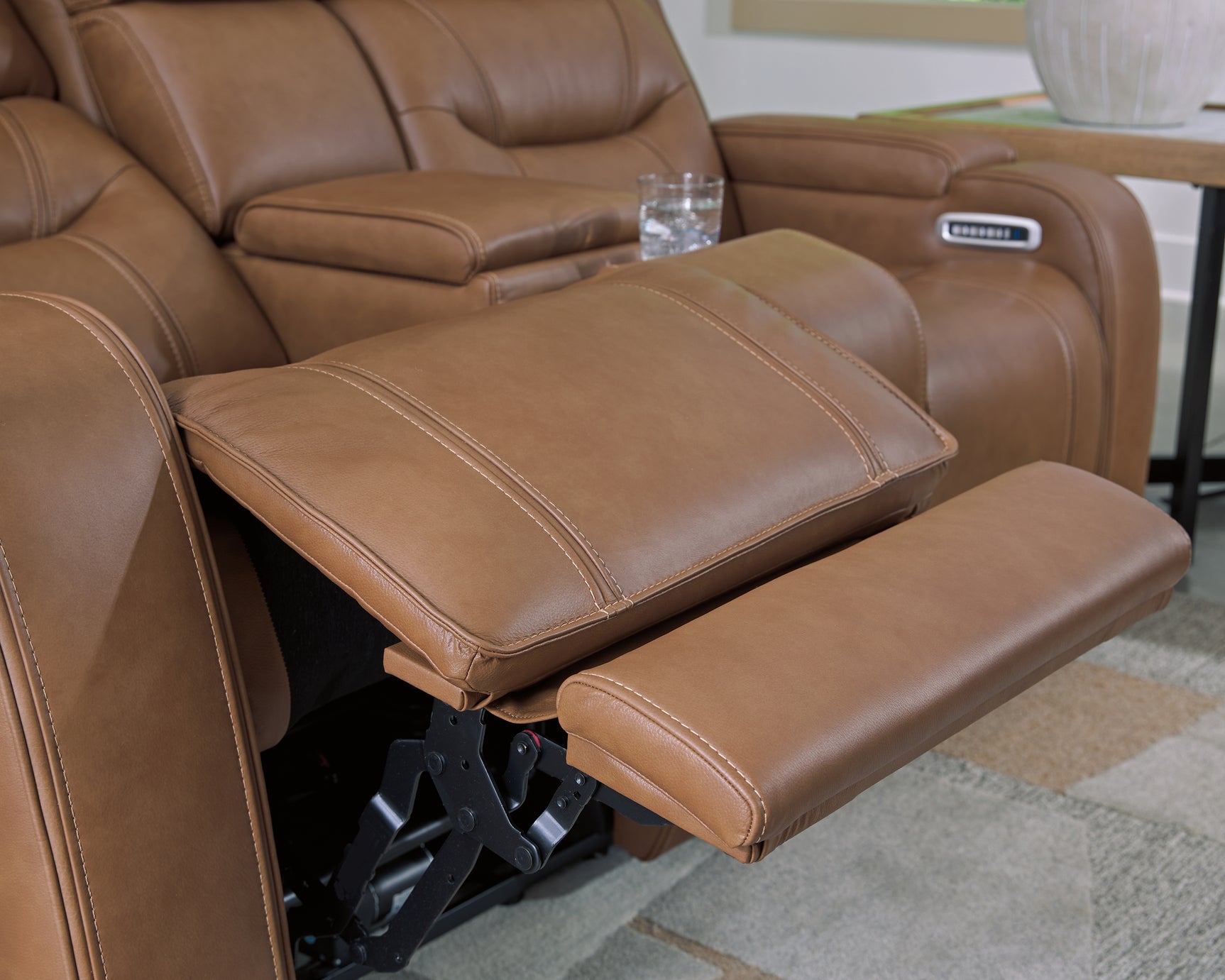 Knightington Caramel Leather Power Reclining Loveseat with Audio Seating