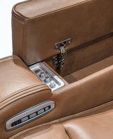 Knightington Caramel Leather Power Reclining Loveseat with Audio Seating