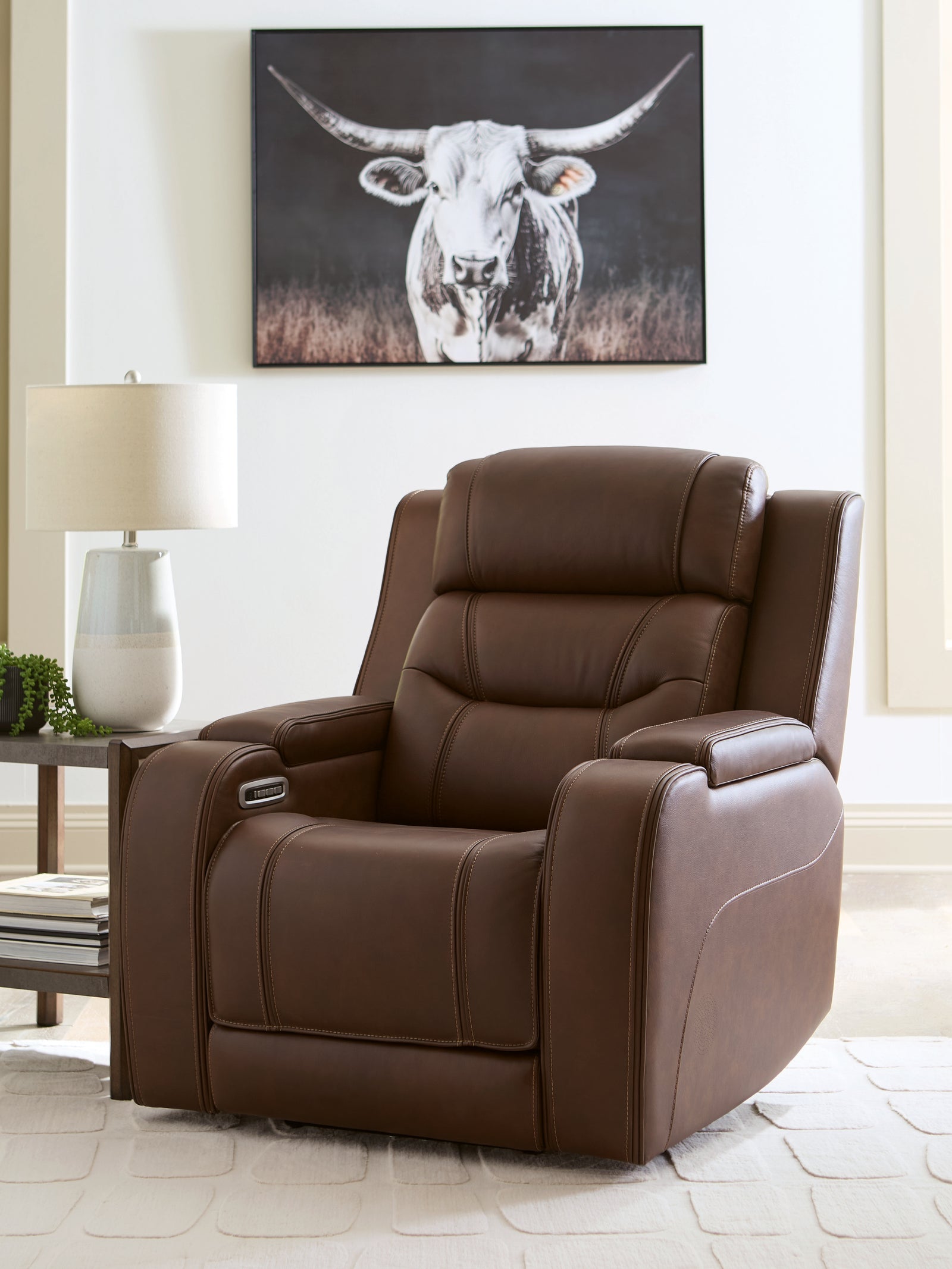 Knightington Brown Leather Power Recliner with Audio Seating