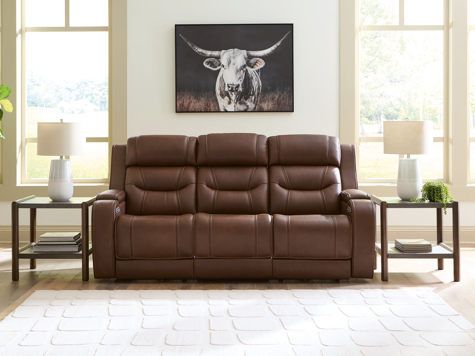 Knightington Brown Leather Power Reclining Sofa with Audio Seating