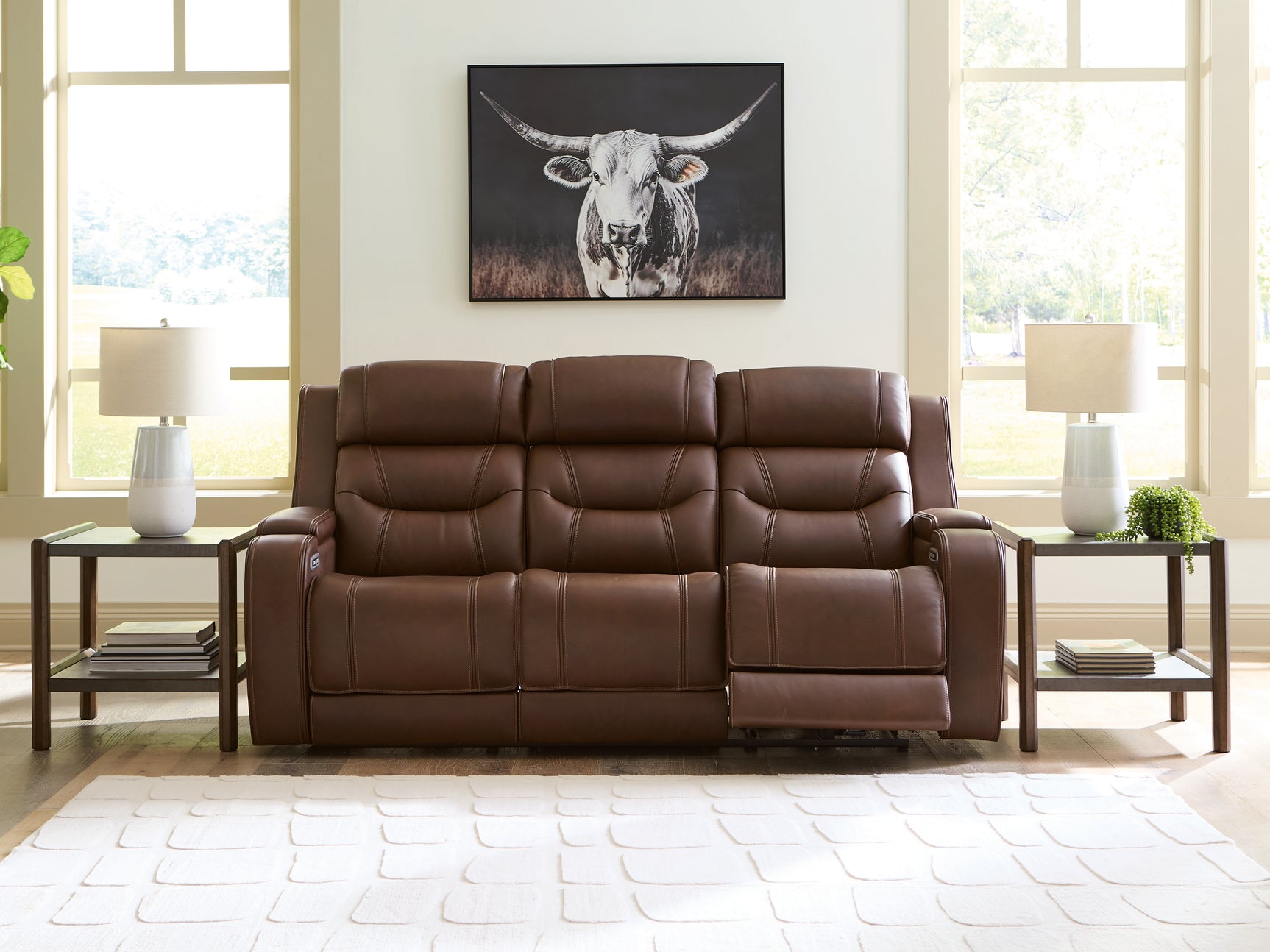 Knightington Brown Leather Power Reclining Sofa with Audio Seating