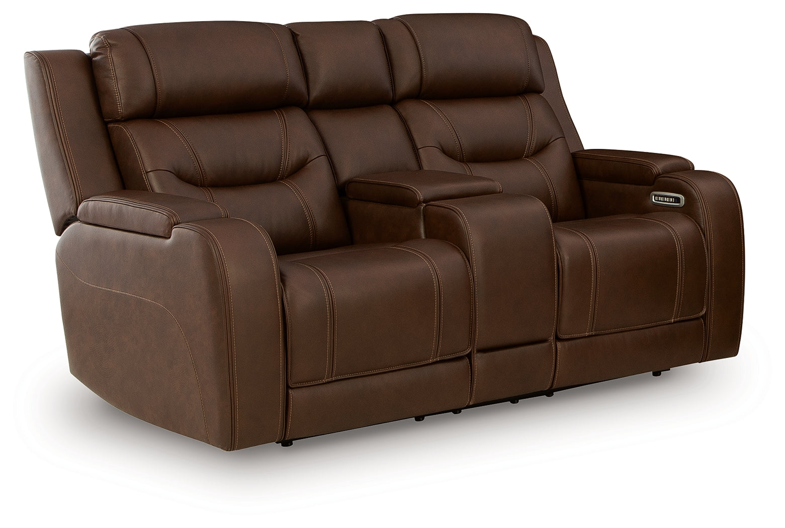Knightington Brown Leather Power Reclining Loveseat with Audio Seating