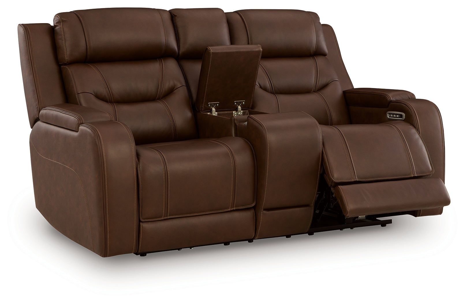 Knightington Brown Leather Power Reclining Loveseat with Audio Seating