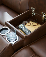 Knightington Brown Leather Power Reclining Loveseat with Audio Seating