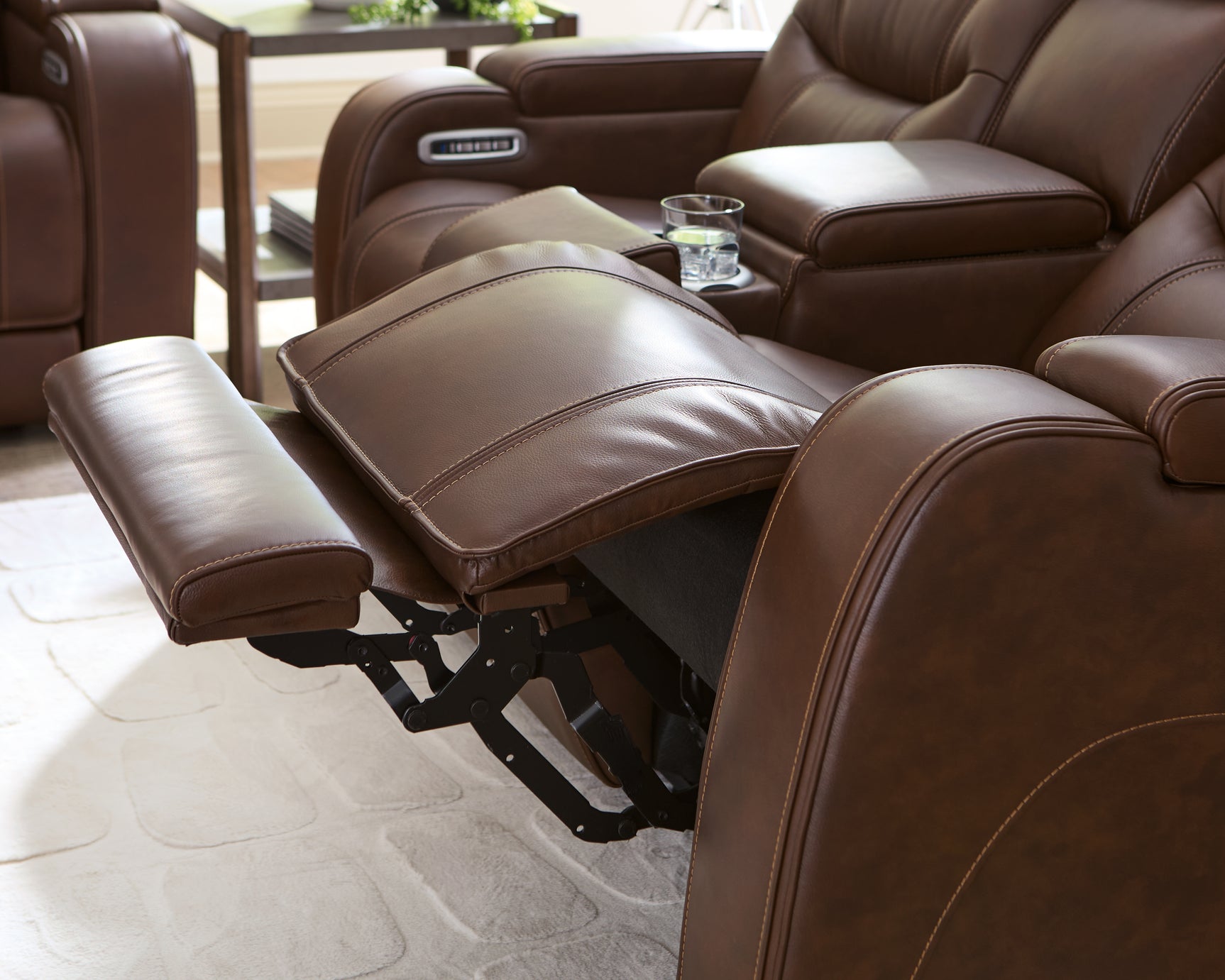 Knightington Brown Leather Power Reclining Loveseat with Audio Seating