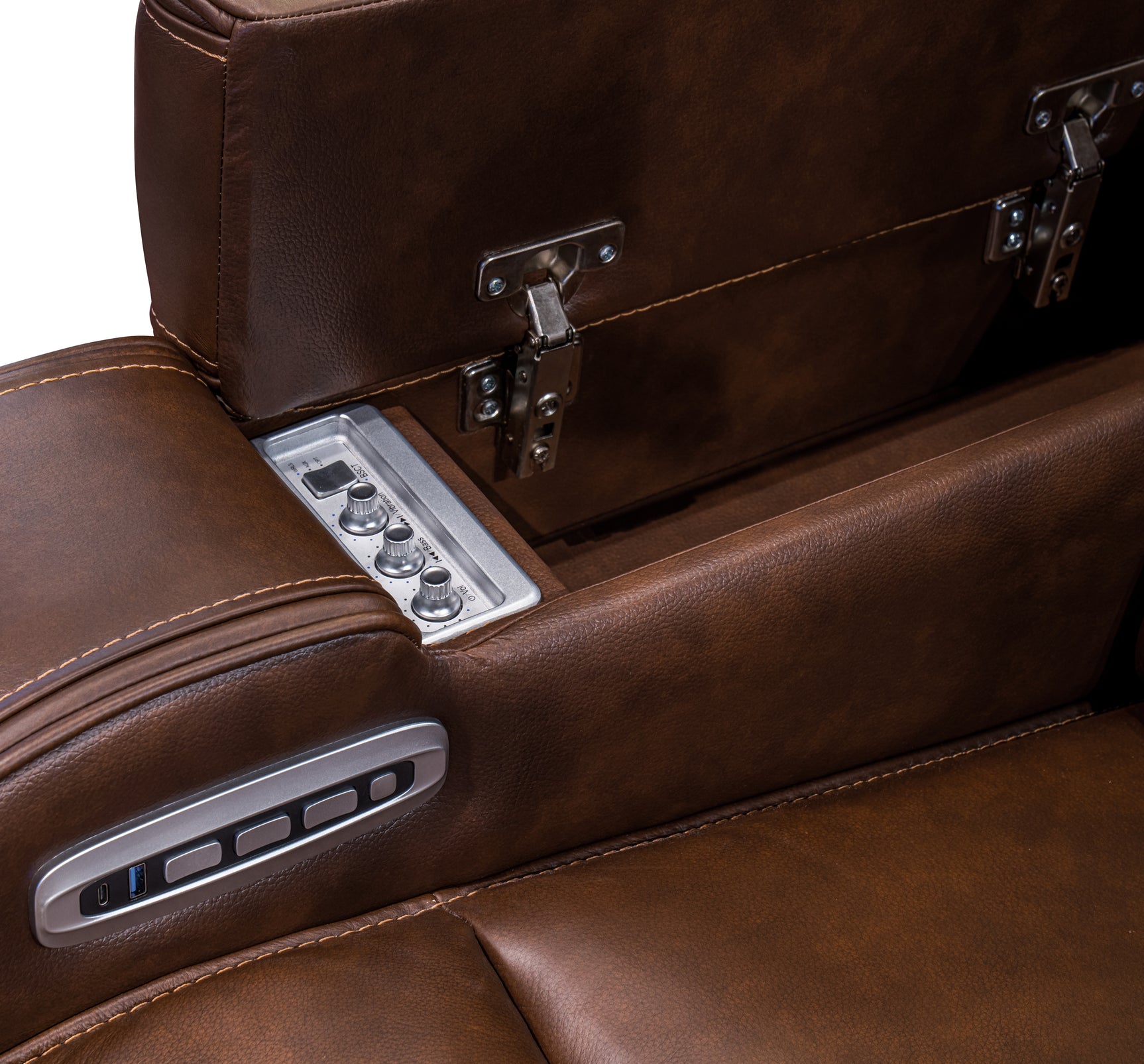 Knightington Brown Leather Power Reclining Sofa with Audio Seating