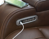Knightington Brown Leather Power Reclining Loveseat with Audio Seating