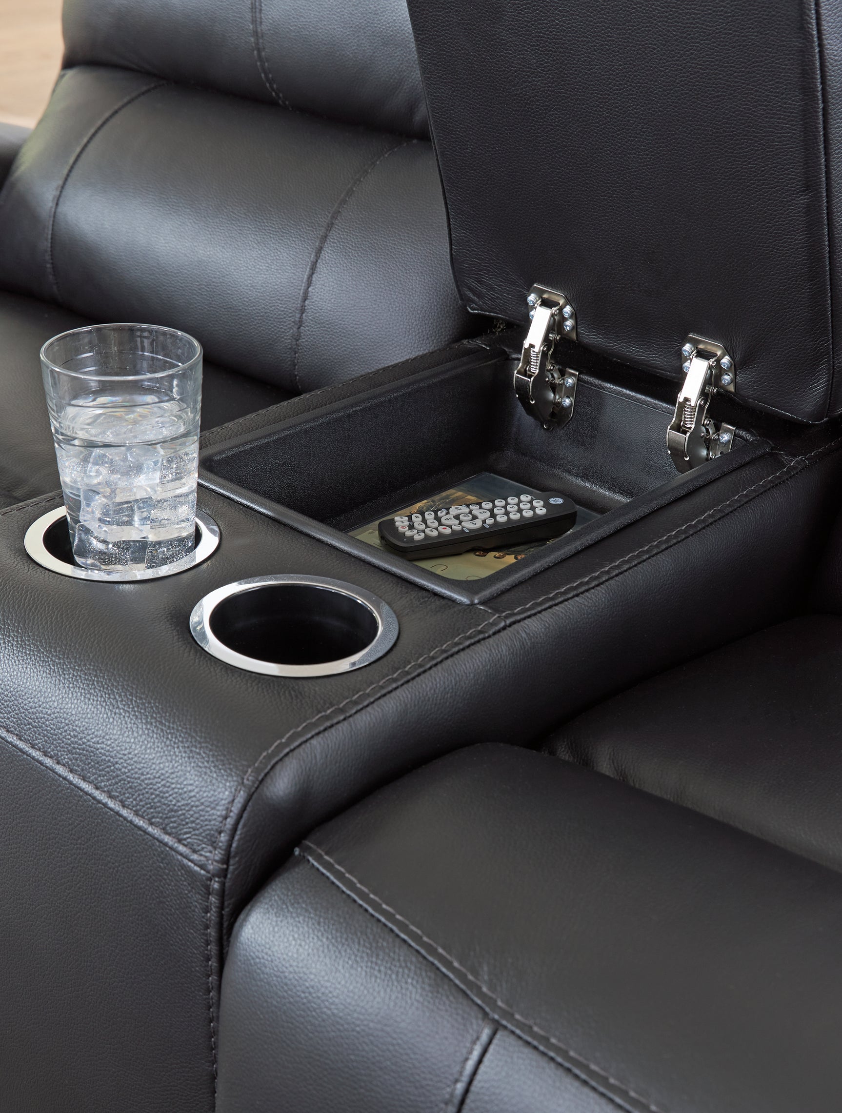Glossmore Black Leather Reclining Loveseat with Console