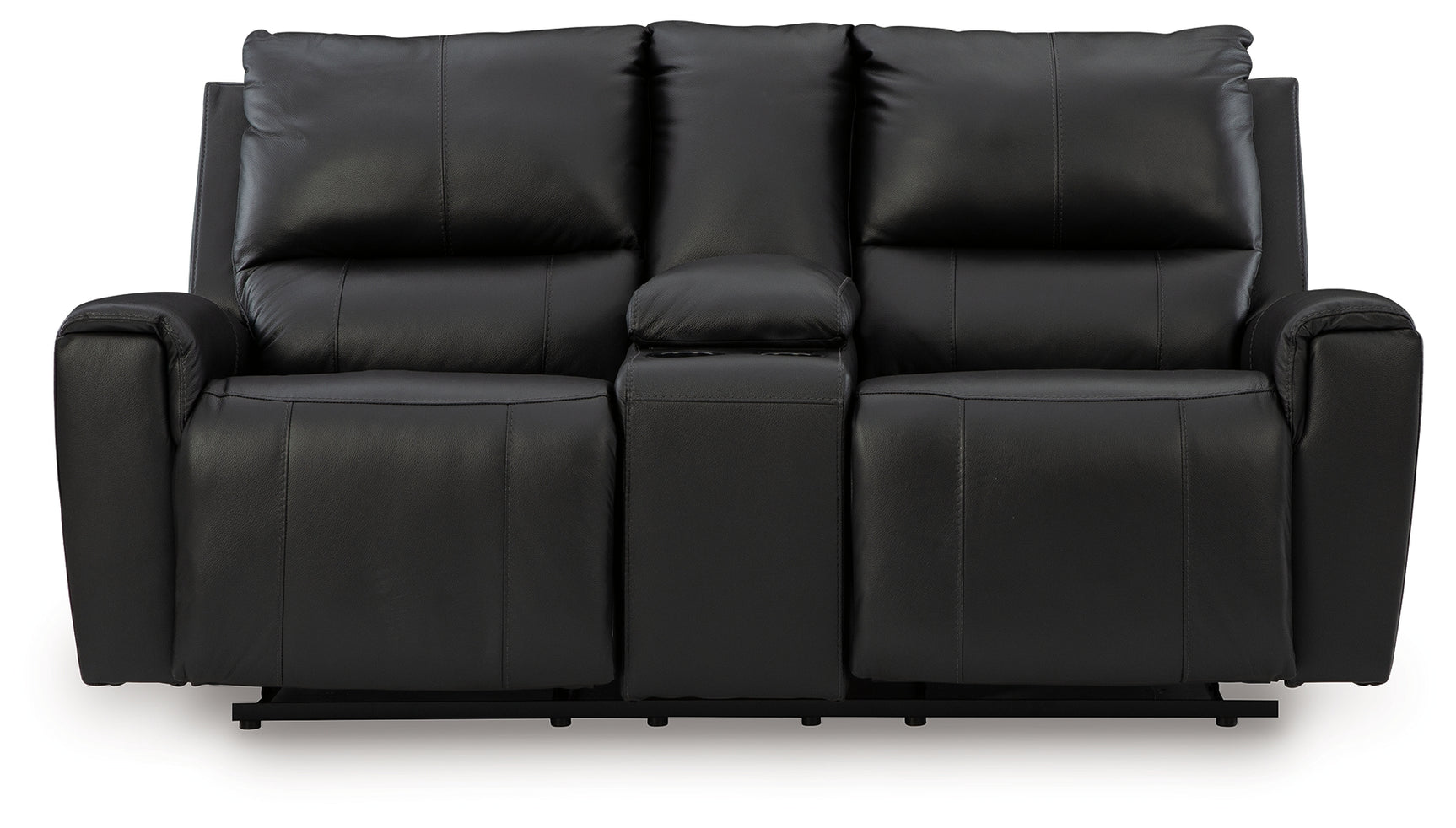 Glossmore Black Leather Reclining Loveseat with Console