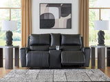Glossmore Black Leather Reclining Loveseat with Console