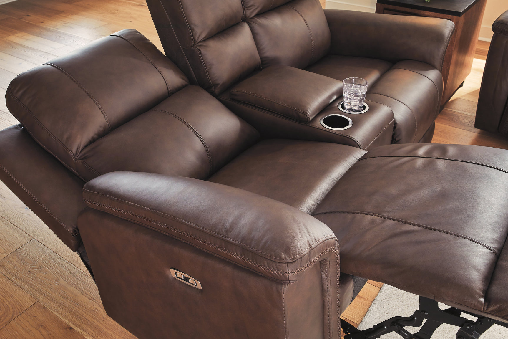 Bleckley Espresso Leather Power Reclining Loveseat with Console