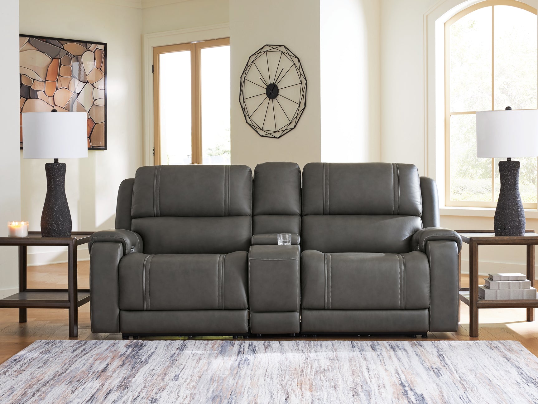 5Z - Pittson Anchor Leather 3-Piece Power Reclining Sectional Loveseat with Console
