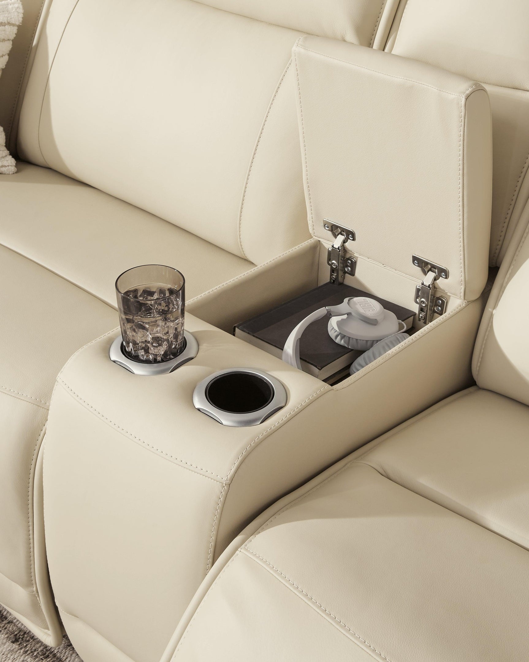Double Deal Almond Leather 2-Piece Power Reclining Loveseat Sectional with Console