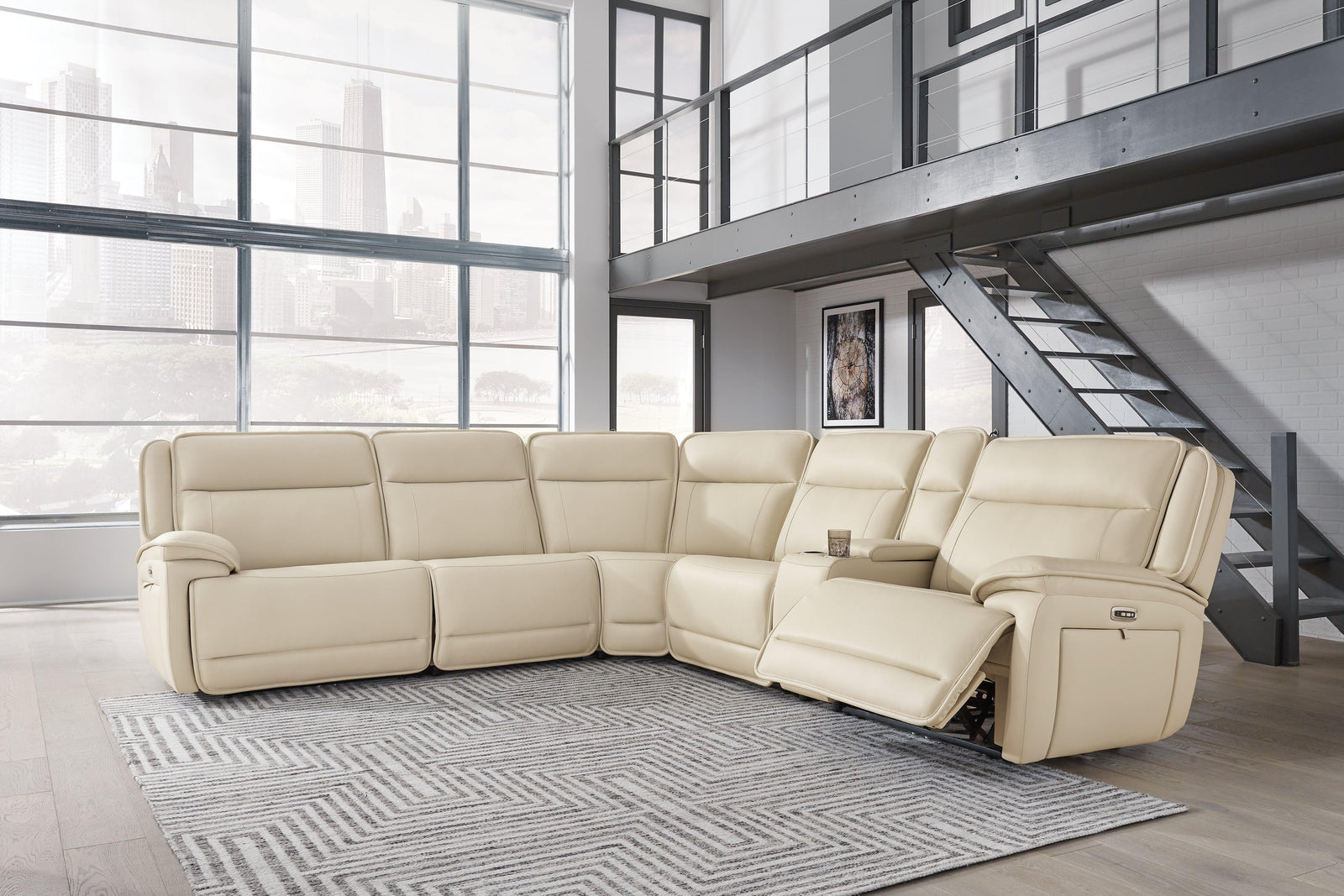 Double Deal Almond Leather 6-Piece Power Reclining Sectional