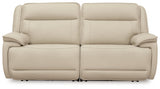 Double Deal Almond Leather 2-Piece Power Reclining Loveseat Sectional