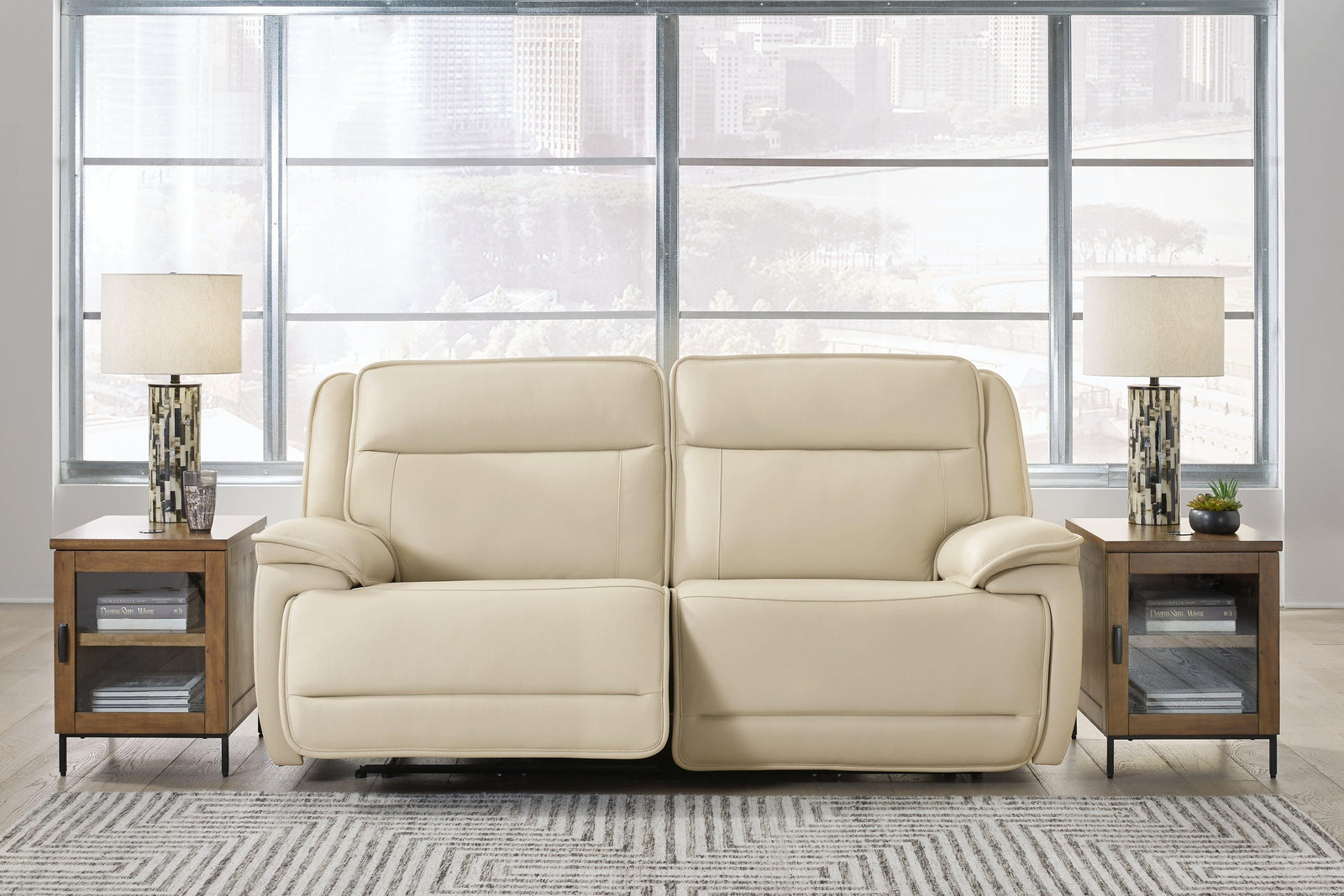 Double Deal Almond Leather 2-Piece Power Reclining Loveseat Sectional
