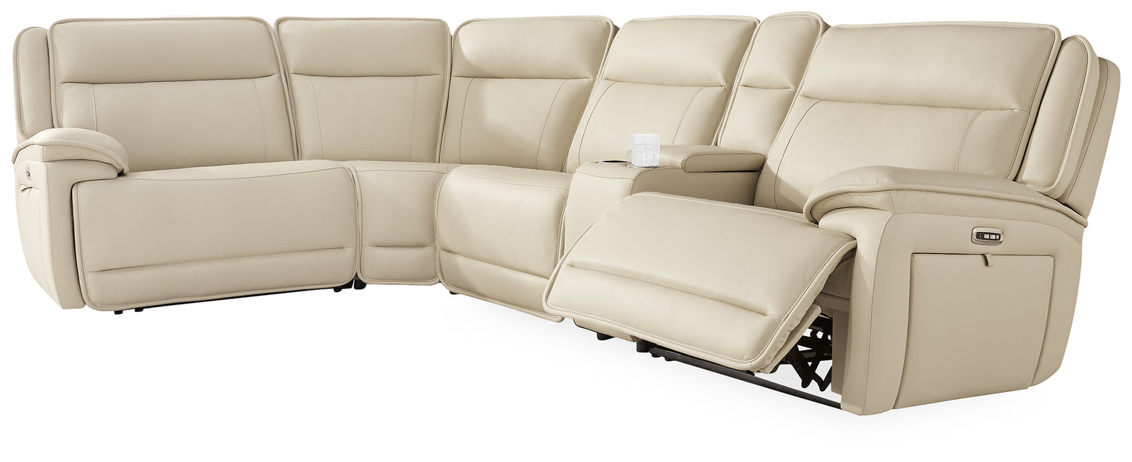 Double Deal Almond Leather 5-Piece Reclining Sectional with Console