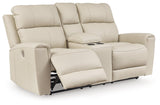 Dahlmoore Almond Leather Power Reclining Loveseat with Console