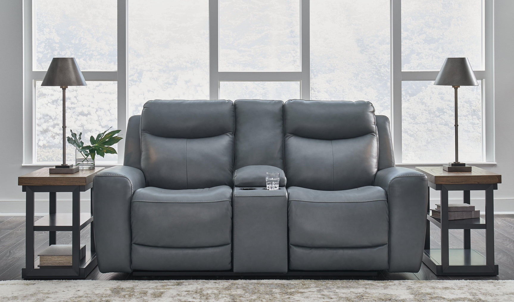 Mindanao Steel Leather Power Reclining Loveseat With Console