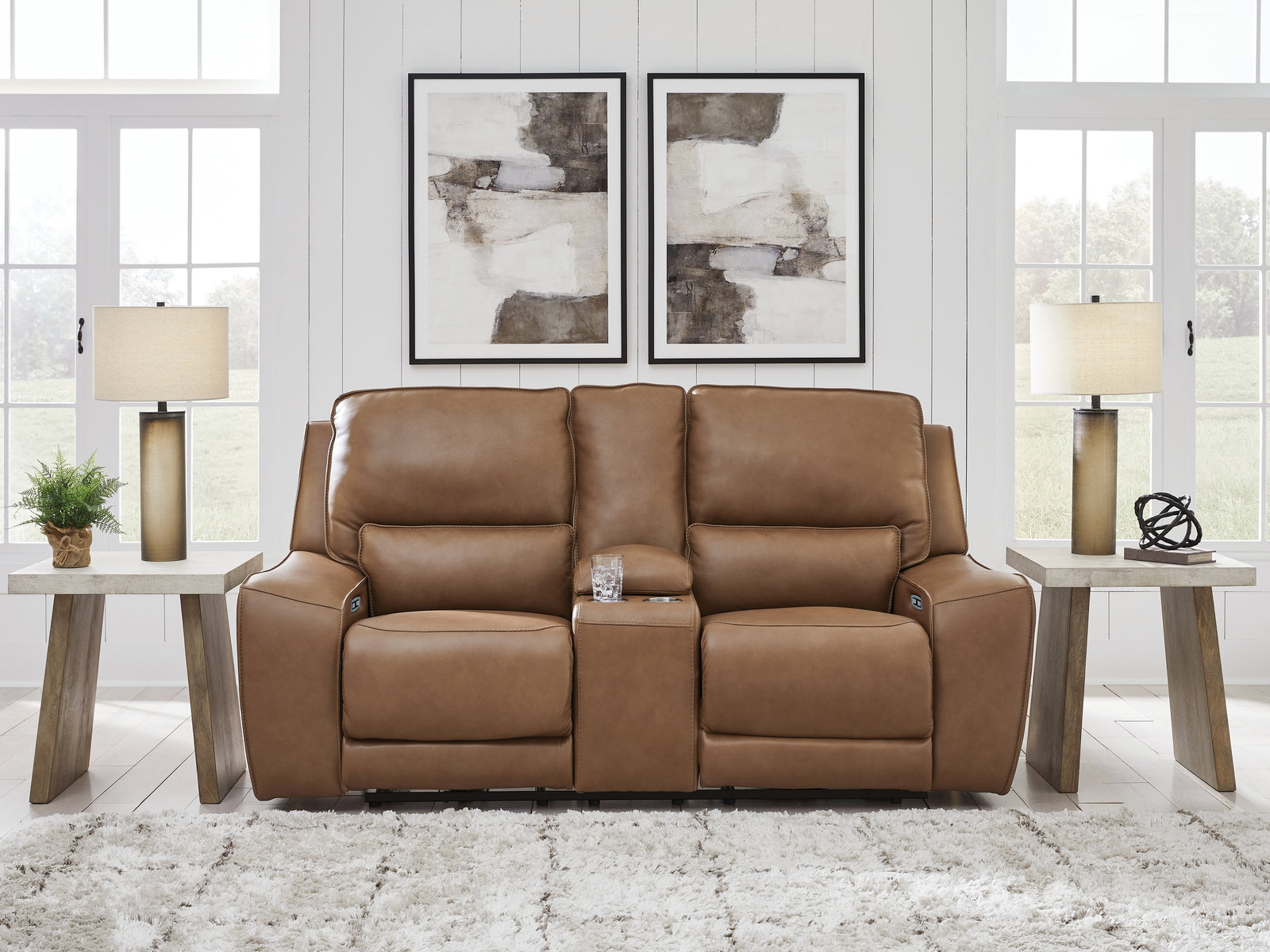DeepWakes Caramel Leather Power Reclining Loveseat with Console