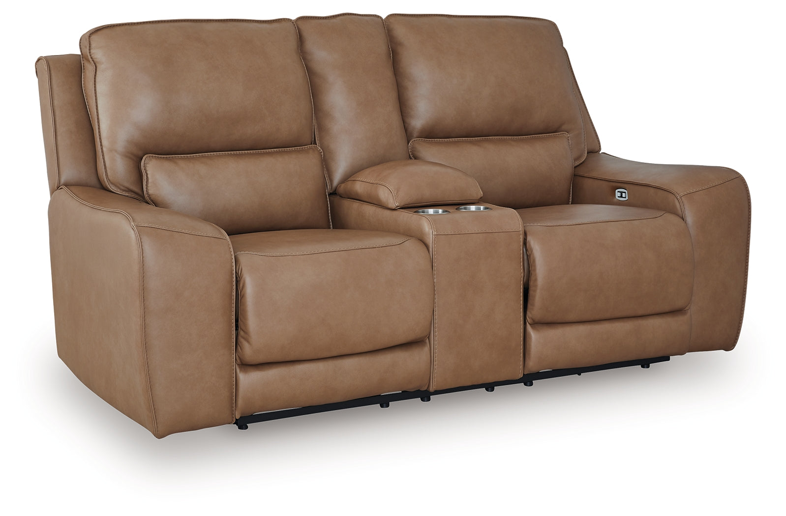 DeepWakes Caramel Leather Power Reclining Loveseat with Console