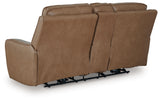 DeepWakes Caramel Leather Power Reclining Loveseat with Console