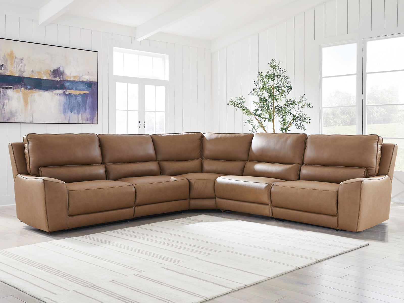 DeepWakes Caramel Leather 5-Piece Power Reclining Sectional