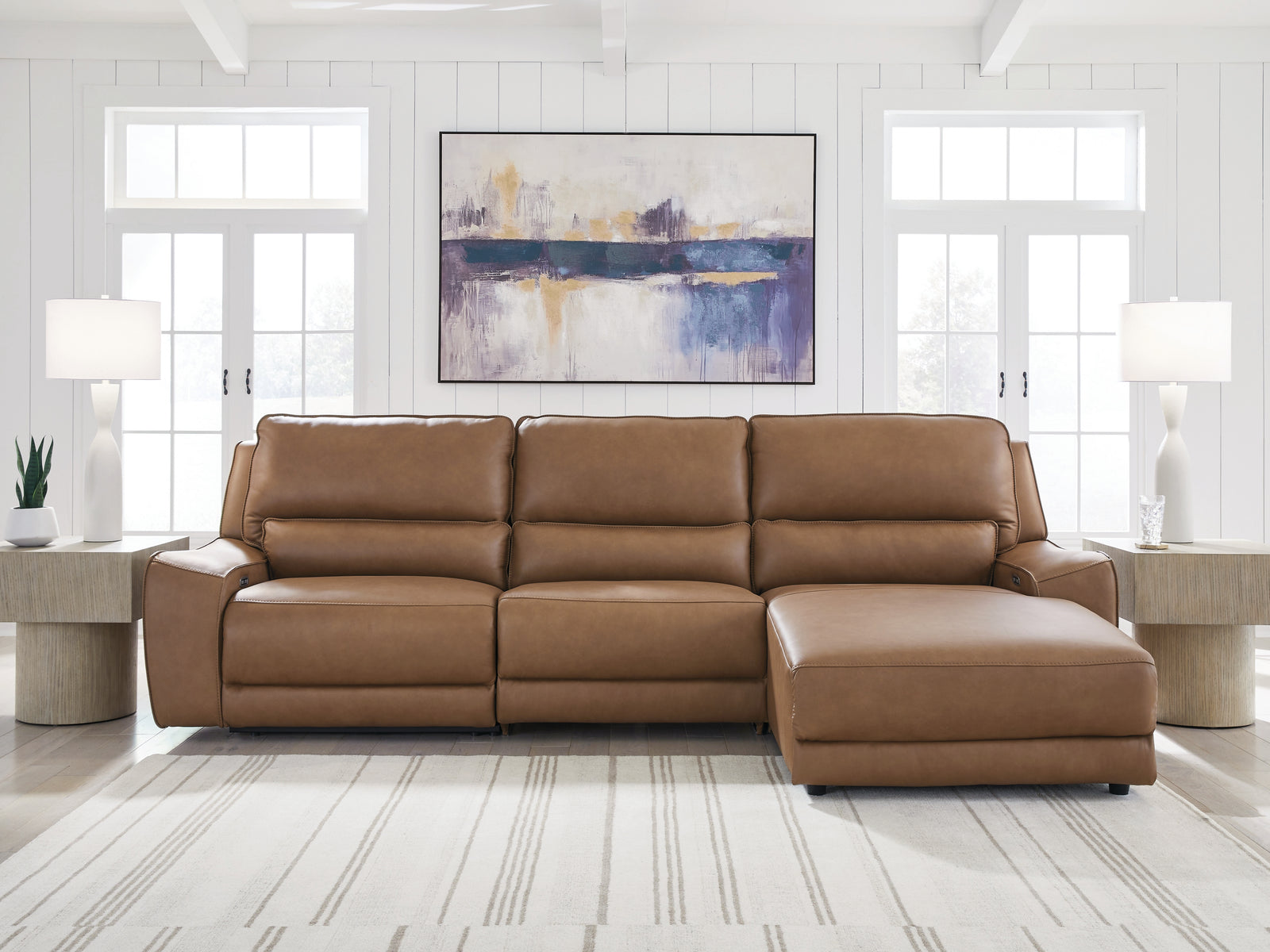 DeepWakes Caramel Leather 3-Piece Reclining Sofa Chaise