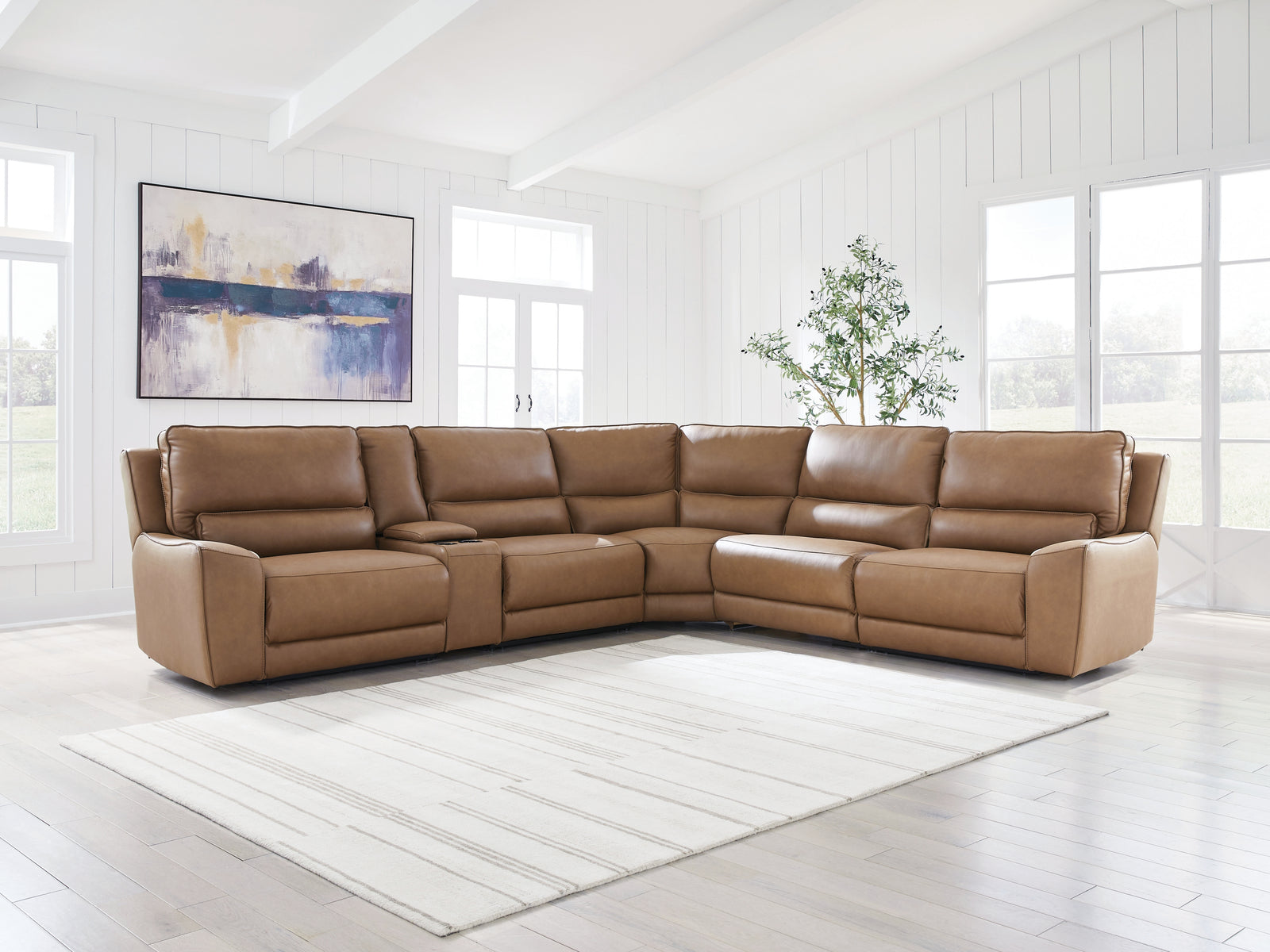 DeepWakes Caramel Leather 6-Piece Reclining Sectional with Storage Console