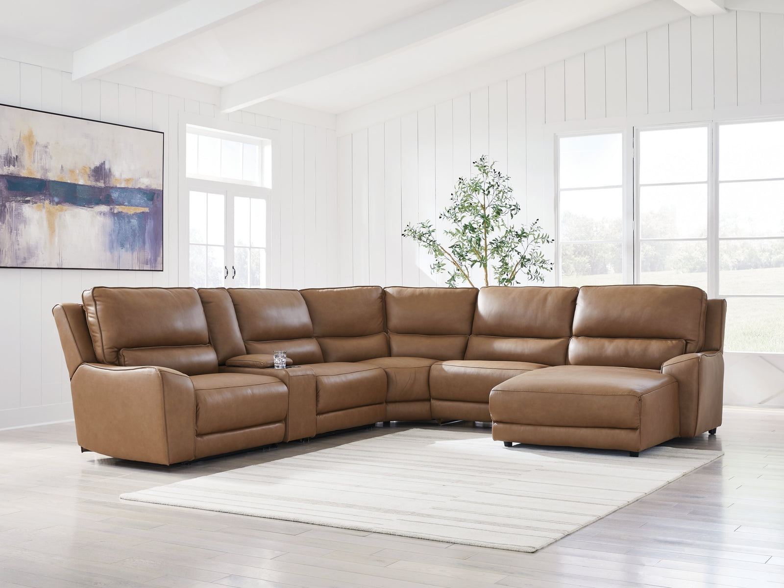 DeepWakes Caramel Leather 6-Piece Power Reclining Sectional with Chaise
