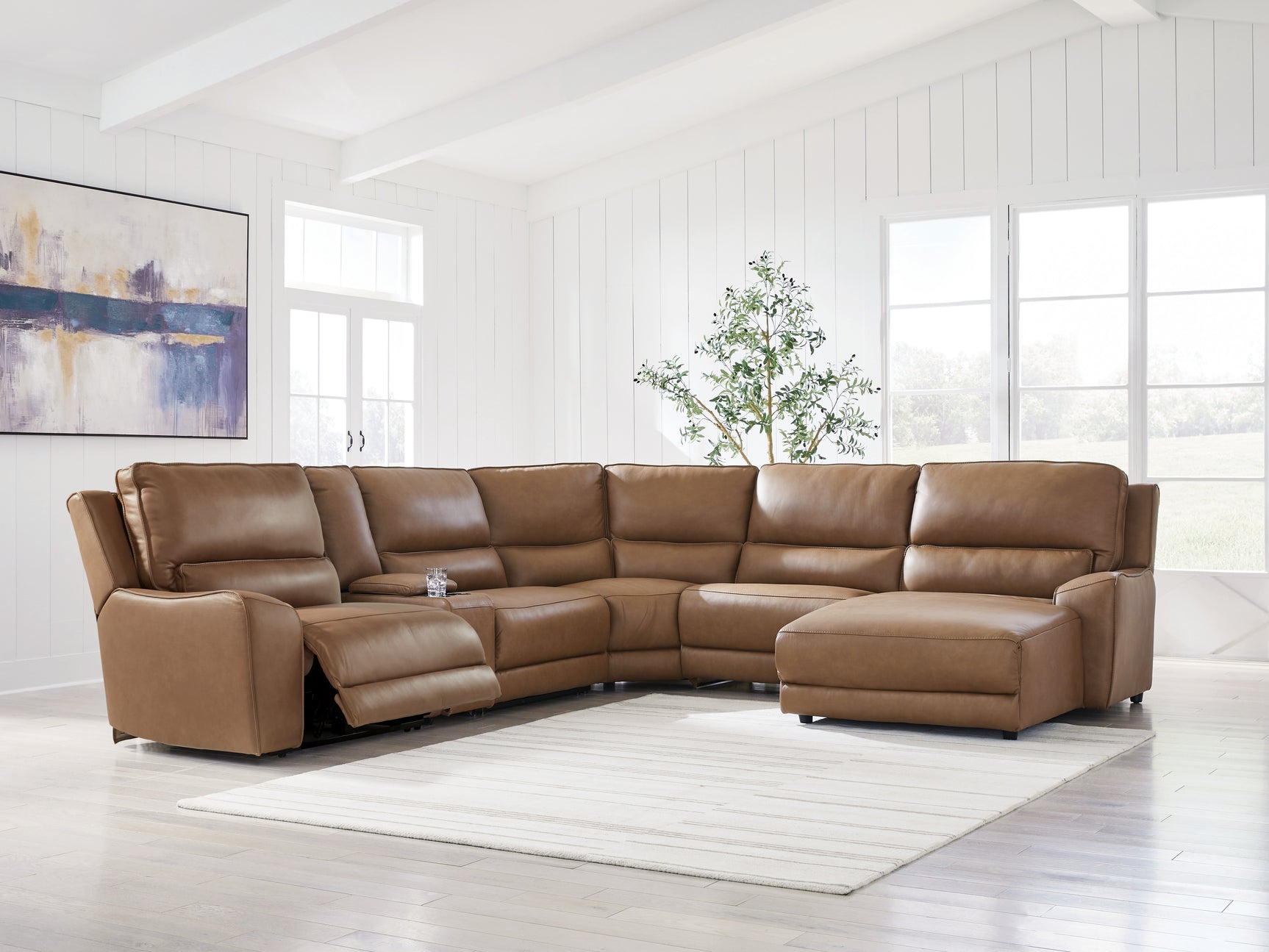 DeepWakes Caramel Leather 6-Piece Power Reclining Sectional with Chaise