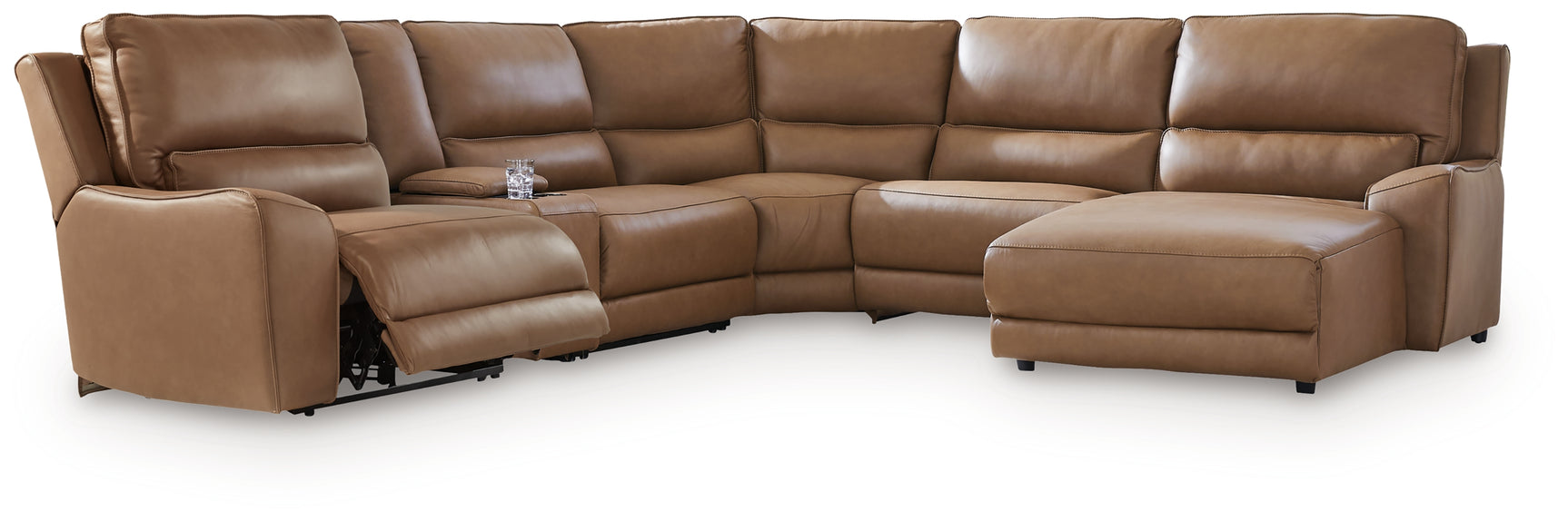 DeepWakes Caramel Leather 6-Piece Power Reclining Sectional with Chaise