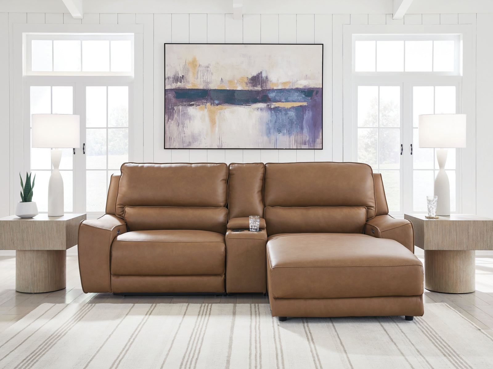 DeepWakes Caramel Leather 3-Piece Power Reclining Sectional with Chaise