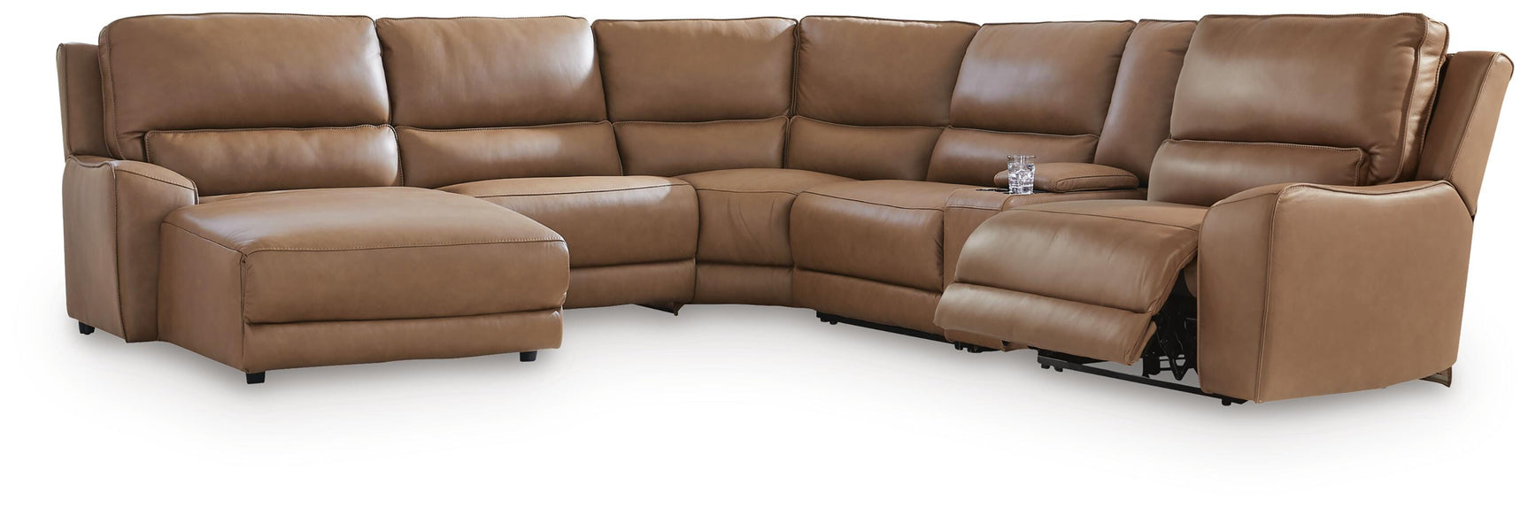 DeepWakes Caramel Leather 6-Piece Power Reclining Sectional with Chaise
