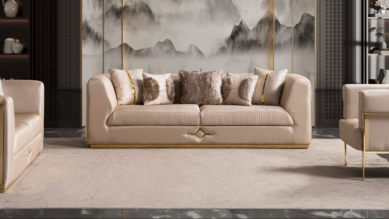 Vega Sofa, Loveseat, and Chair Set with Textured Upholstery and Gold Accents view 2